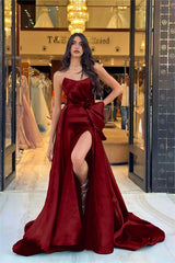 Chic Navy Blue Strapless Long Prom Dress with Split and Bowknot