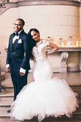 Chic Off-the-Shoulder Long Sleeve Tulle Mermaid Wedding Dress with Appliques