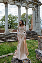 Long Off-the-Shoulder Satin Lace Formal Prom Dresses with Sleeves