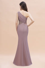 Chic One-Shoulder Dusk Chiffon Lace Ruffle Bridesmaid Dress with Front Slit On Sale-Babyonlines