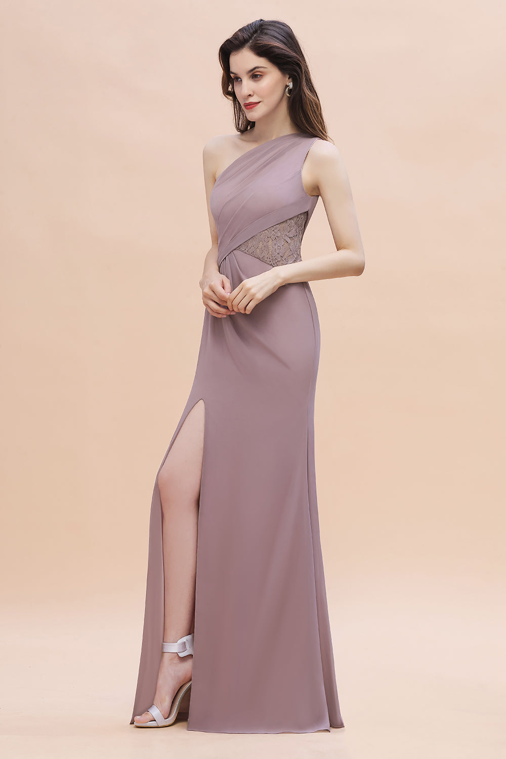 Chic One-Shoulder Dusk Chiffon Lace Ruffle Bridesmaid Dress with Front Slit On Sale-Babyonlines