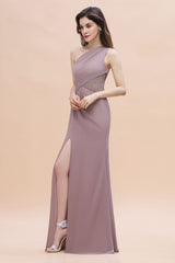 Chic One-Shoulder Dusk Chiffon Lace Ruffle Bridesmaid Dress with Front Slit On Sale-Babyonlines