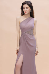 Chic One-Shoulder Dusk Chiffon Lace Ruffle Bridesmaid Dress with Front Slit On Sale-Babyonlines