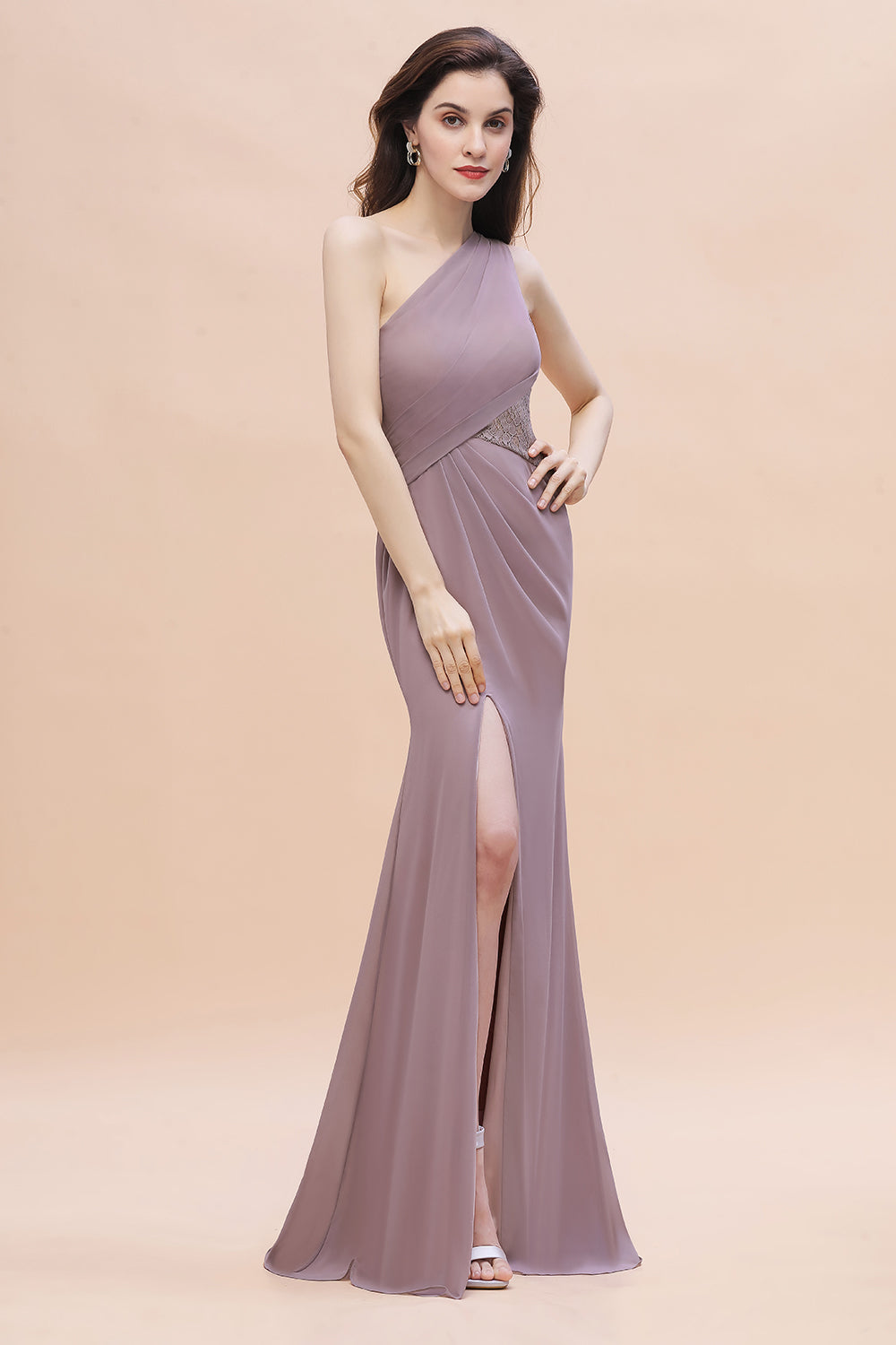 Chic One-Shoulder Dusk Chiffon Lace Ruffle Bridesmaid Dress with Front Slit On Sale-Babyonlines