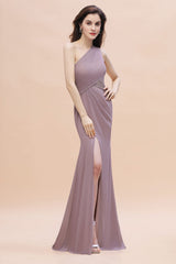 Chic One-Shoulder Dusk Chiffon Lace Ruffle Bridesmaid Dress with Front Slit On Sale-Babyonlines