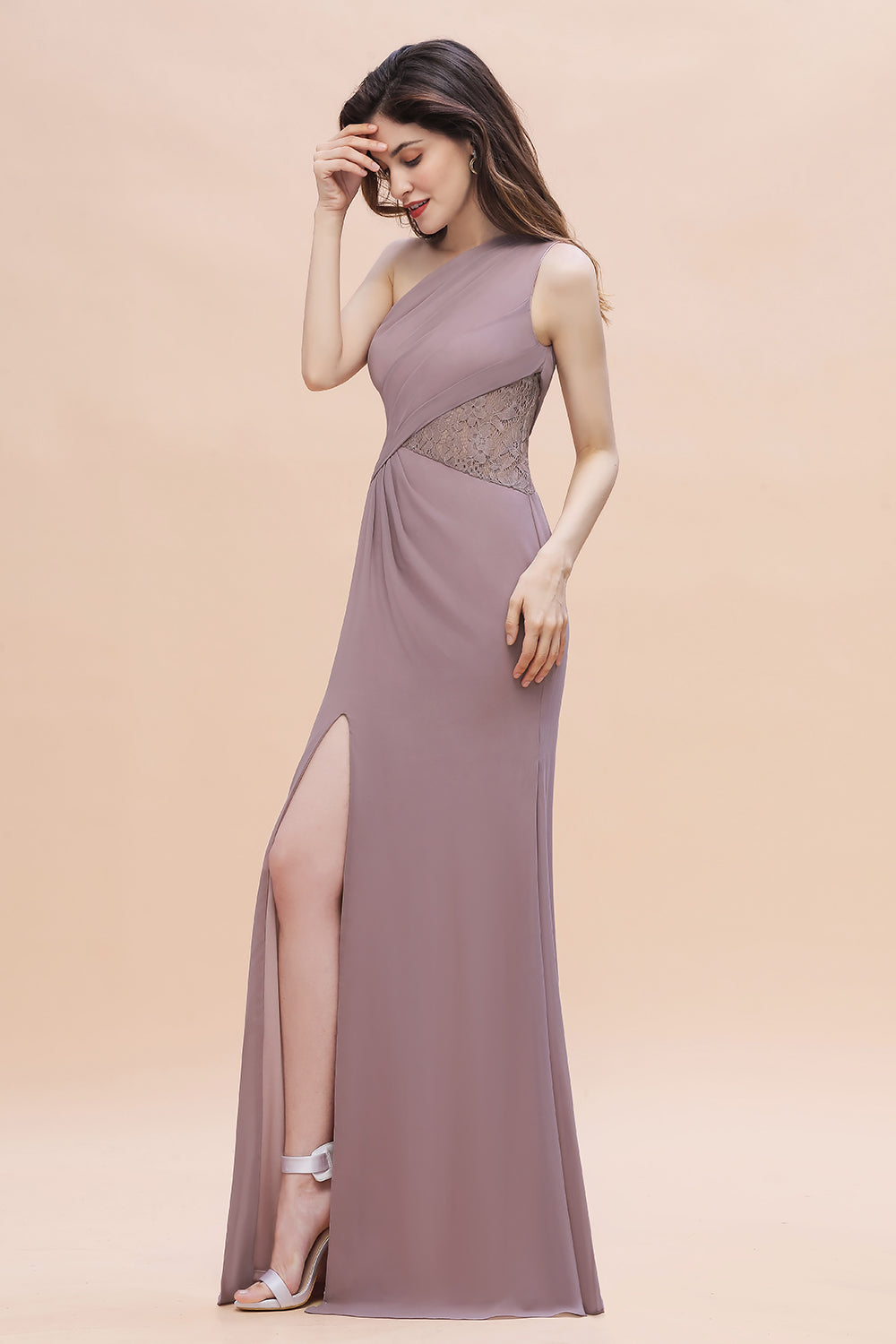 Chic One-Shoulder Dusk Chiffon Lace Ruffle Bridesmaid Dress with Front Slit On Sale-Babyonlines