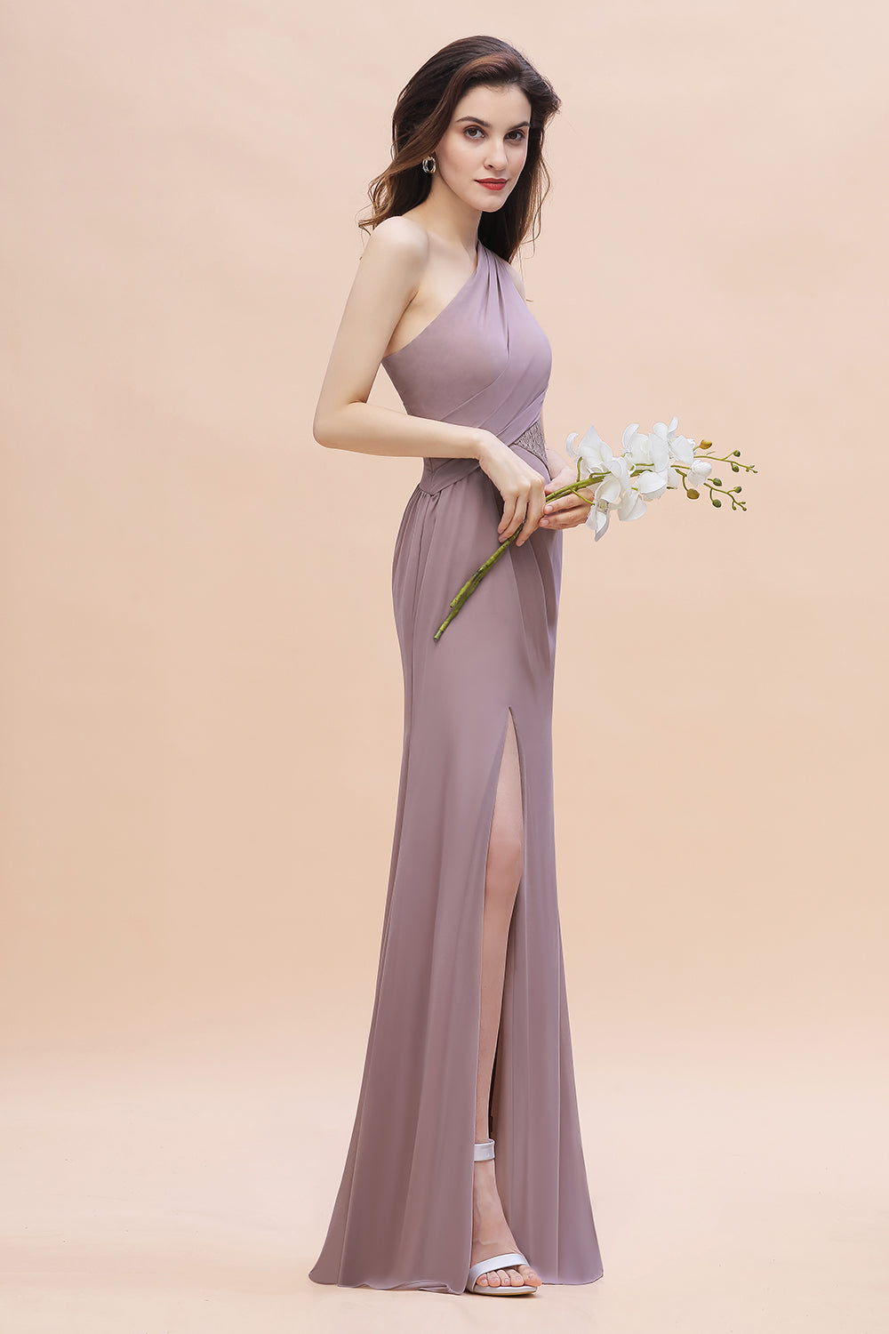 Chic One-Shoulder Dusk Chiffon Lace Ruffle Bridesmaid Dress with Front Slit On Sale-Babyonlines