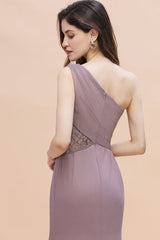 Chic One-Shoulder Dusk Chiffon Lace Ruffle Bridesmaid Dress with Front Slit On Sale-Babyonlines