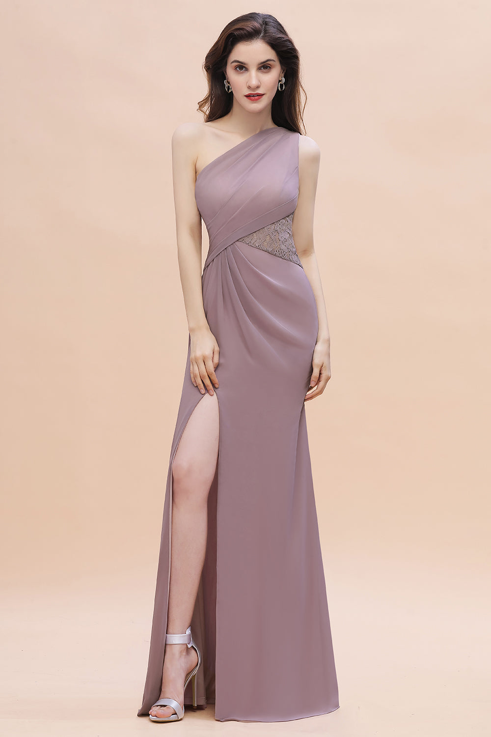 Chic One-Shoulder Dusk Chiffon Lace Ruffle Bridesmaid Dress with Front Slit On Sale-Babyonlines