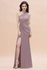 Chic One-Shoulder Dusk Chiffon Lace Ruffle Bridesmaid Dress with Front Slit On Sale-Babyonlines