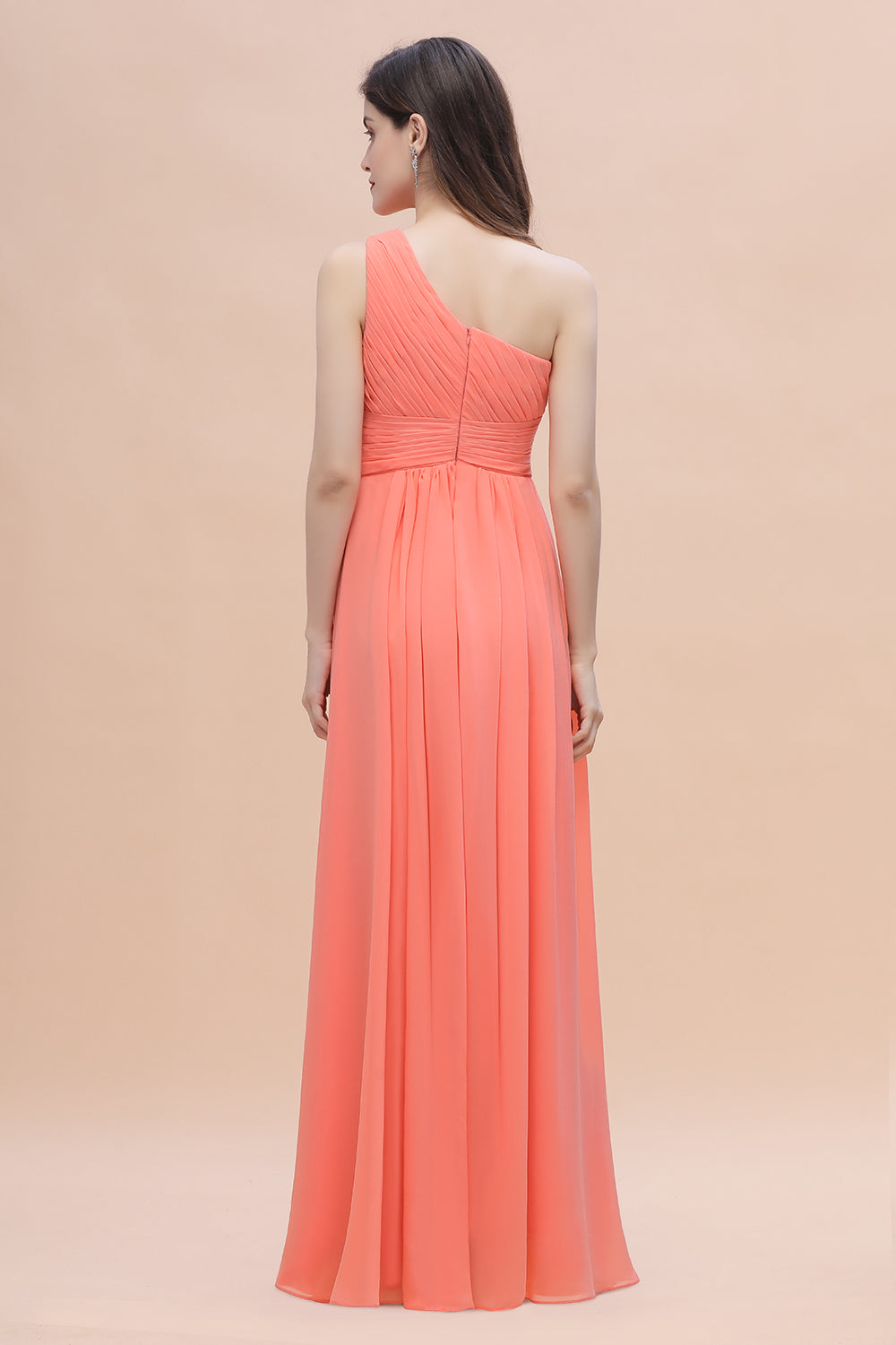 Chic One-Shoulder Ruffles Chiffon Coral Bridesmaid Dresses On Sale-Babyonlines