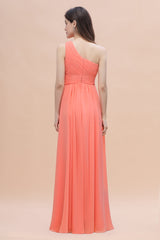 Chic One-Shoulder Ruffles Chiffon Coral Bridesmaid Dresses On Sale-Babyonlines