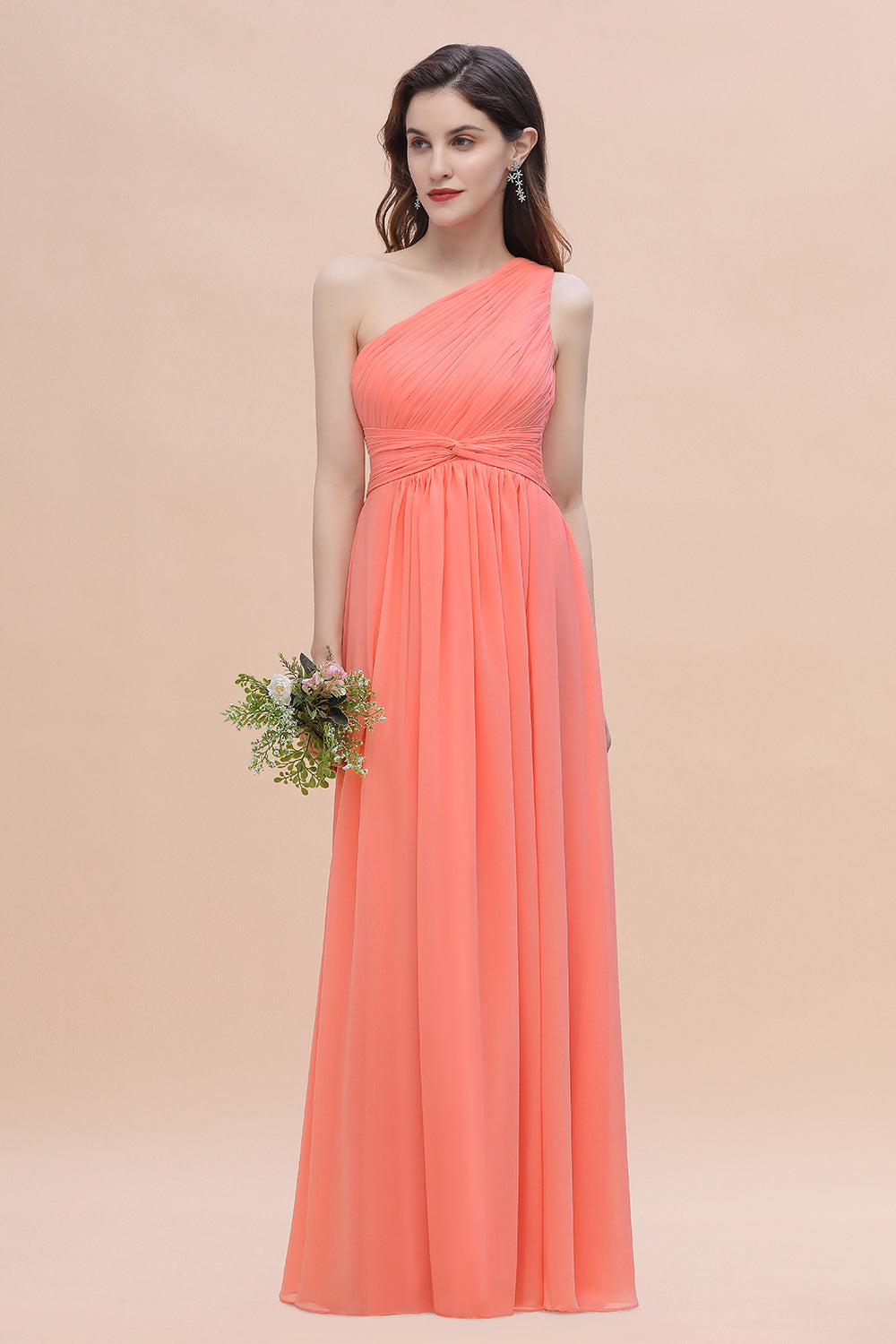 Chic One-Shoulder Ruffles Chiffon Coral Bridesmaid Dresses On Sale-Babyonlines