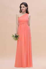 Chic One-Shoulder Ruffles Chiffon Coral Bridesmaid Dresses On Sale-Babyonlines