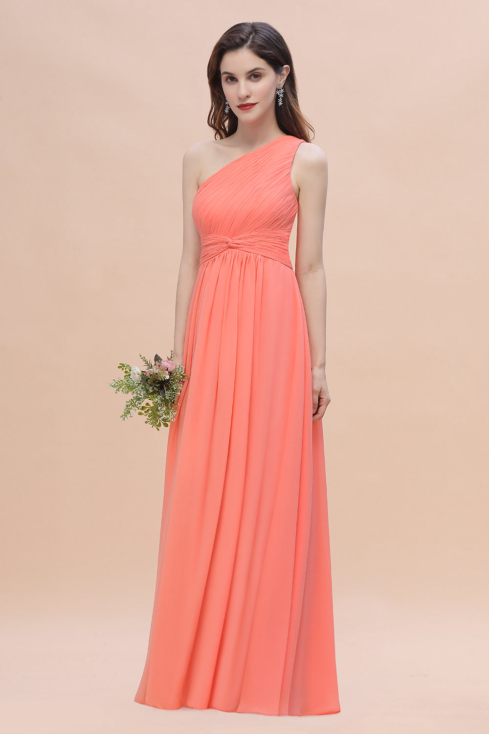 Chic One-Shoulder Ruffles Chiffon Coral Bridesmaid Dresses On Sale-Babyonlines