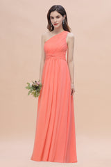 Chic One-Shoulder Ruffles Chiffon Coral Bridesmaid Dresses On Sale-Babyonlines