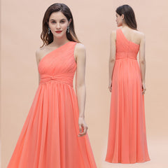 Chic One-Shoulder Ruffles Chiffon Coral Bridesmaid Dresses On Sale-Babyonlines
