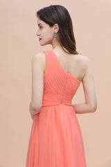 Chic One-Shoulder Ruffles Chiffon Coral Bridesmaid Dresses On Sale-Babyonlines