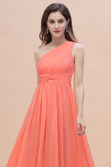 Chic One-Shoulder Ruffles Chiffon Coral Bridesmaid Dresses On Sale-Babyonlines