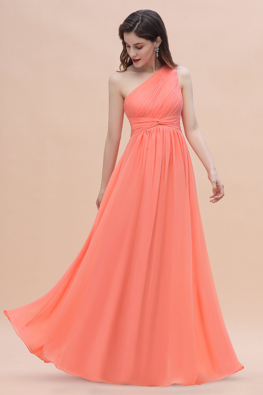 Chic One-Shoulder Ruffles Chiffon Coral Bridesmaid Dresses On Sale-Babyonlines
