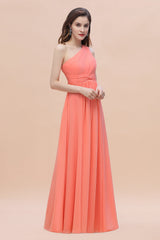 Chic One-Shoulder Ruffles Chiffon Coral Bridesmaid Dresses On Sale-Babyonlines