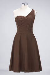 Chic One-Shoulder Short Burgundy Affordable Bridesmaid Dress with Ruffle-Babyonlines