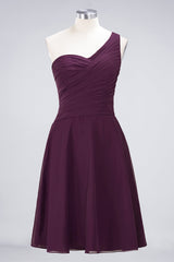 Chic One-Shoulder Short Burgundy Affordable Bridesmaid Dress with Ruffle-Babyonlines