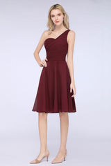 Chic One-Shoulder Short Burgundy Affordable Bridesmaid Dress with Ruffle-Babyonlines