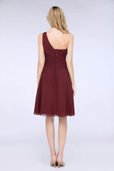 Chic One-Shoulder Short Burgundy Affordable Bridesmaid Dress with Ruffle-Babyonlines