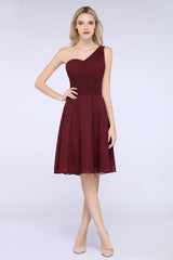 Chic One-Shoulder Short Burgundy Affordable Bridesmaid Dress with Ruffle-Babyonlines