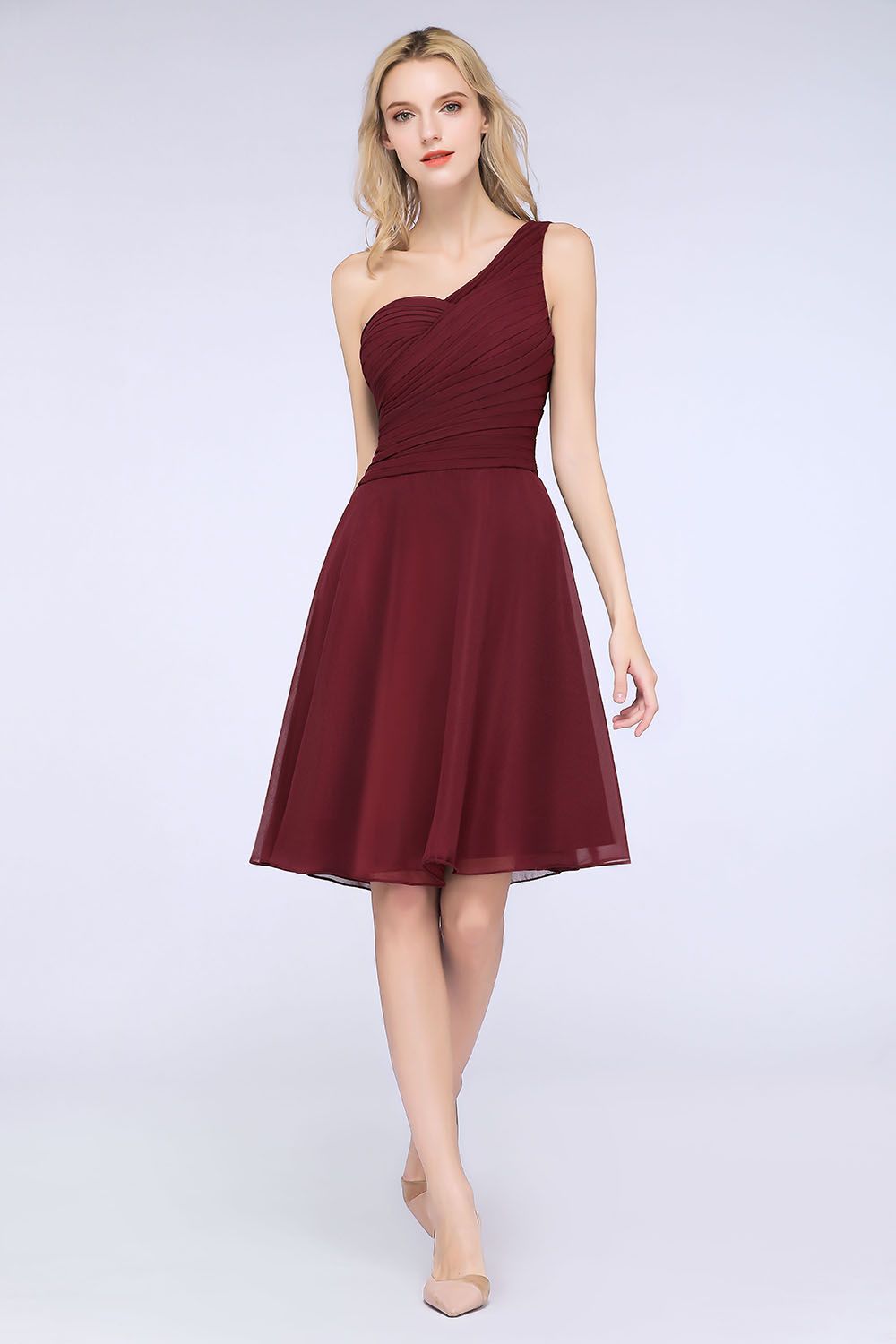 Chic One-Shoulder Short Burgundy Affordable Bridesmaid Dress with Ruffle-Babyonlines