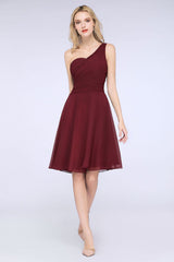 Chic One-Shoulder Short Burgundy Affordable Bridesmaid Dress with Ruffle-Babyonlines
