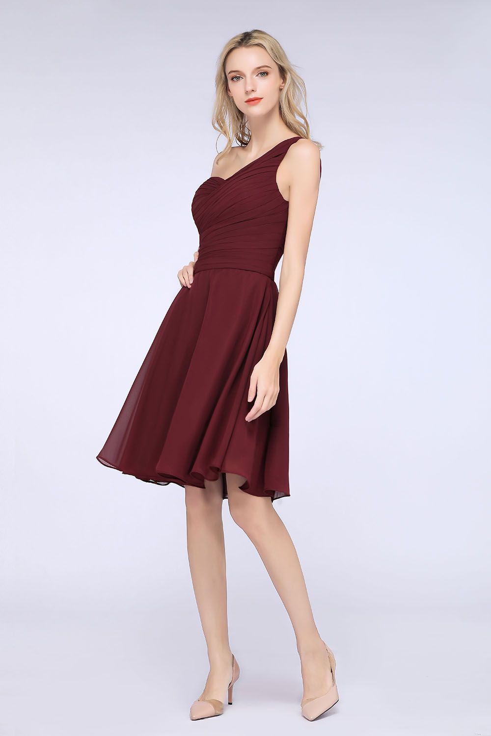 Chic One-Shoulder Short Burgundy Affordable Bridesmaid Dress with Ruffle-Babyonlines