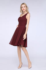 Chic One-Shoulder Short Burgundy Affordable Bridesmaid Dress with Ruffle-Babyonlines