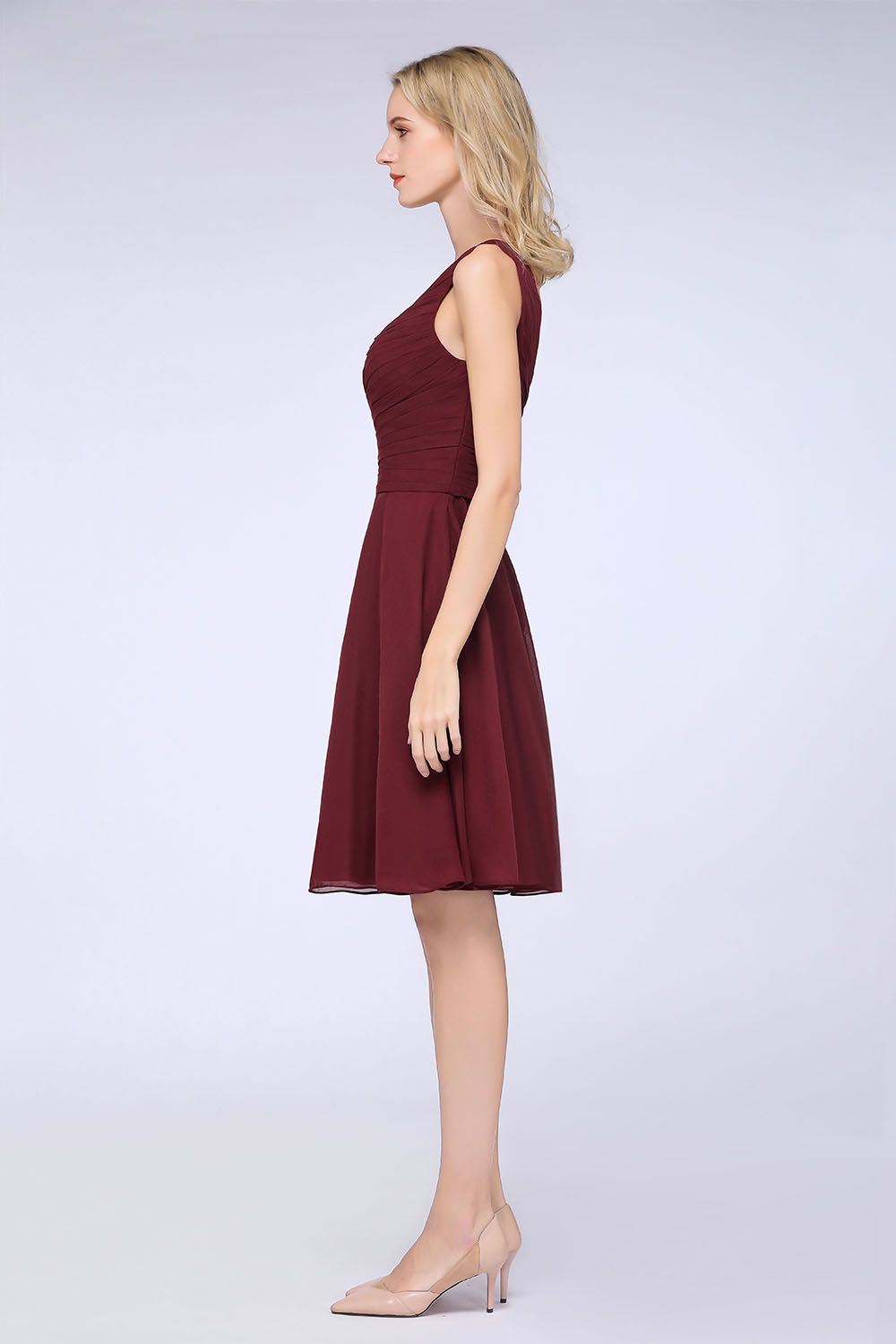 Chic One-Shoulder Short Burgundy Affordable Bridesmaid Dress with Ruffle-Babyonlines