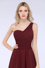 Chic One-Shoulder Short Burgundy Affordable Bridesmaid Dress with Ruffle-Babyonlines
