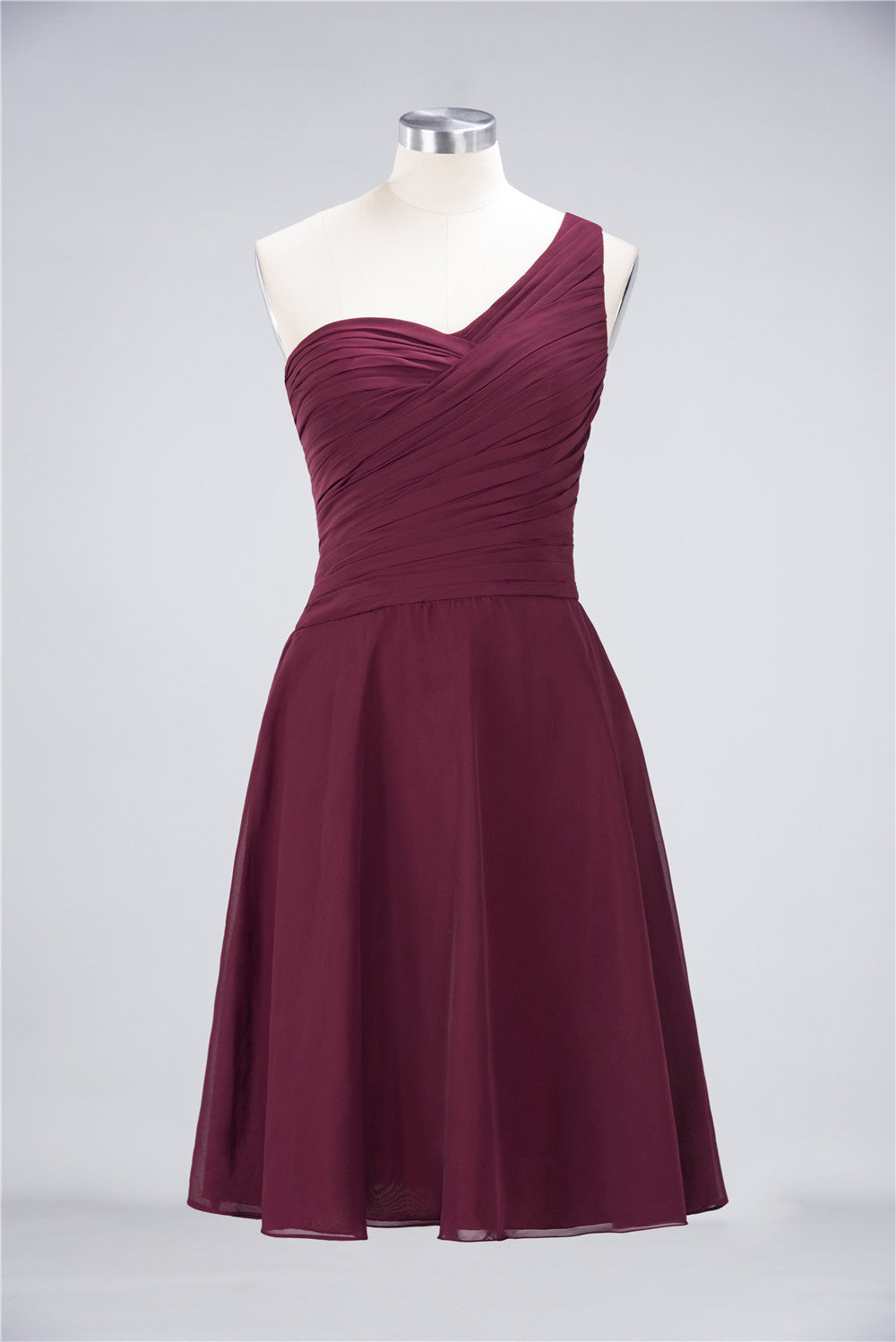Chic One-Shoulder Short Burgundy Affordable Bridesmaid Dress with Ruffle-Babyonlines