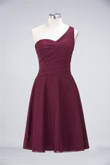 Chic One-Shoulder Short Burgundy Affordable Bridesmaid Dress with Ruffle-Babyonlines