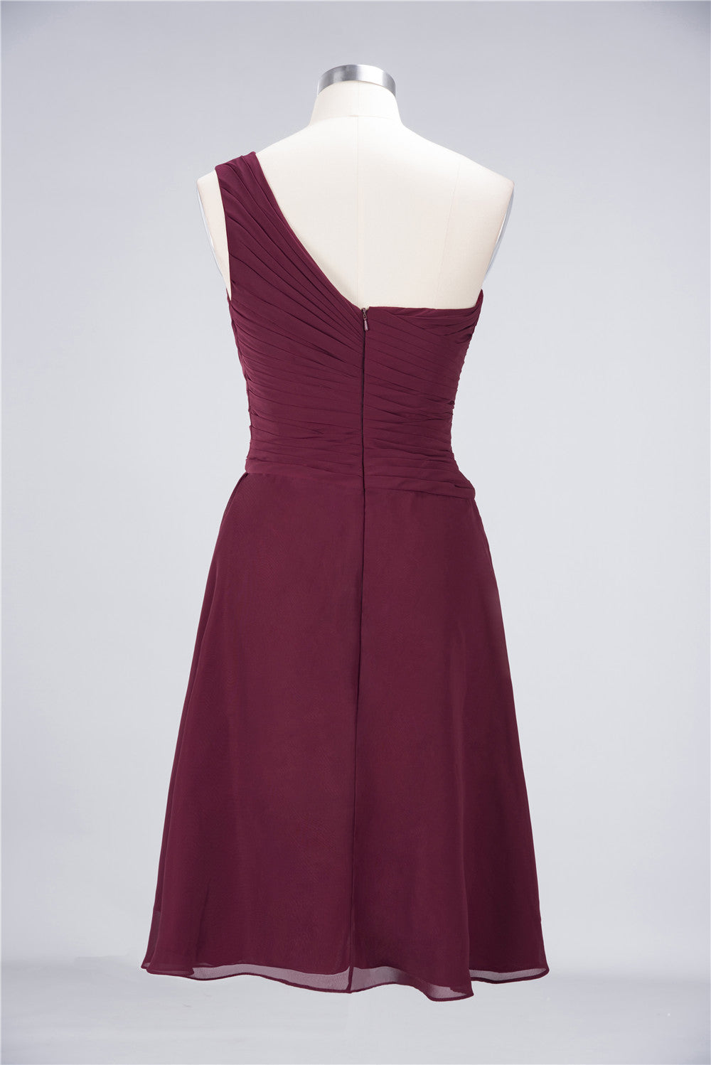 Chic One-Shoulder Short Burgundy Affordable Bridesmaid Dress with Ruffle-Babyonlines