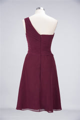 Chic One-Shoulder Short Burgundy Affordable Bridesmaid Dress with Ruffle-Babyonlines