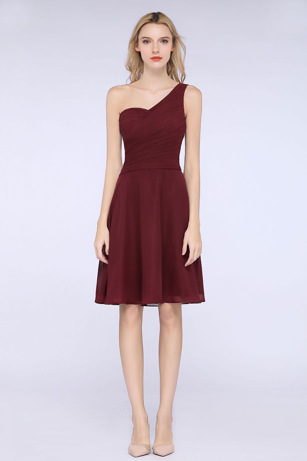 Chic One-Shoulder Short Burgundy Affordable Bridesmaid Dress with Ruffle-Babyonlines