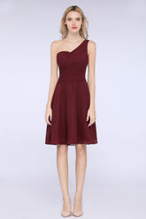 Chic One-Shoulder Short Burgundy Affordable Bridesmaid Dress with Ruffle-Babyonlines