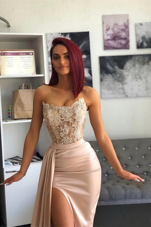 Chic Pink Evening Dress Prom Dress with Applique Belt and Slit