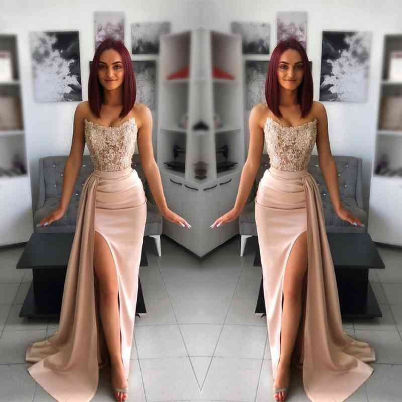 Chic Pink Evening Dress Prom Dress with Applique Belt and Slit