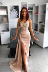 Chic Pink Evening Dress Prom Dress with Applique Belt and Slit