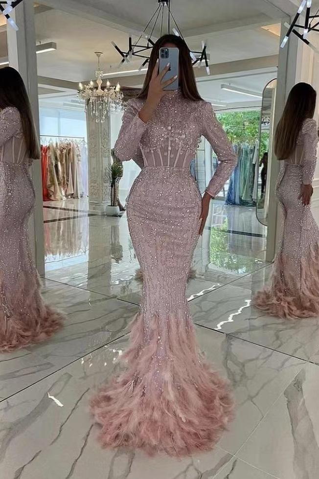 Chic Pink Long Sleeve Prom Dress with Sequins and Feather