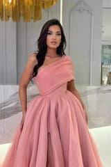 Chic Pink One Shoulder A-Line Long Prom Dress with Front Split