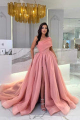 Chic Pink One Shoulder A-Line Long Prom Dress with Front Split