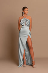 Chic Pink Sleeveless Evening Dress with Strapless Design and Side Slit Pleats