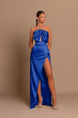 Chic Pink Sleeveless Evening Dress with Strapless Design and Side Slit Pleats